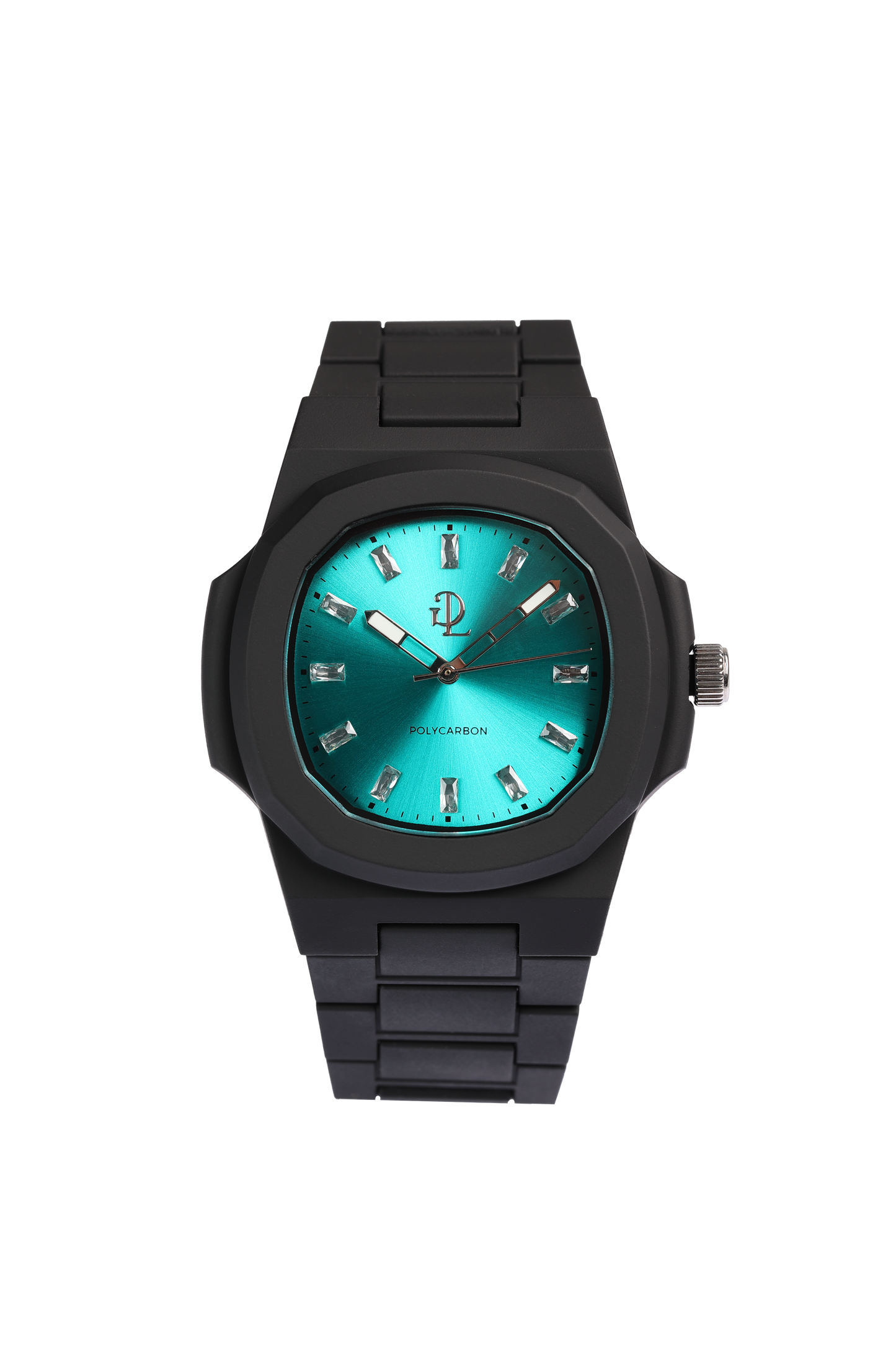 GDL Orologio Quadrante acquamarina indici cristalli bianchi taglio baguette: Cassa 40.5mm x 8.8mm, al Quarzo, Impermeabile 5 ATM, Leggero 40g, Finitura Soft Touch, Cinturino Nero, Vetro LumiNova