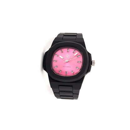 GDL Orologio Quadrante pink  indici cristalli bianchi taglio baguette: Cassa 40.5mm x 8.8mm, al Quarzo, Impermeabile 5 ATM, Leggero 40g, Finitura Soft Touch, Cinturino Nero, Vetro LumiNova