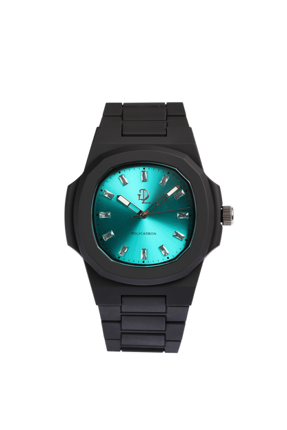 GDL Orologio Quadrante acquamarina indici cristalli bianchi taglio baguette: Cassa 40.5mm x 8.8mm, al Quarzo, Impermeabile 5 ATM, Leggero 40g, Finitura Soft Touch, Cinturino Nero, Vetro LumiNova