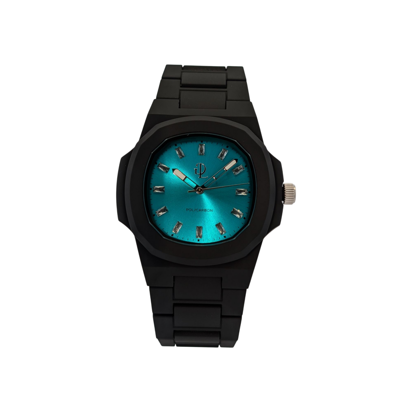 GDL Orologio Quadrante acquamarina indici cristalli bianchi taglio baguette: Cassa 40.5mm x 8.8mm, al Quarzo, Impermeabile 5 ATM, Leggero 40g, Finitura Soft Touch, Cinturino Nero, Vetro LumiNova