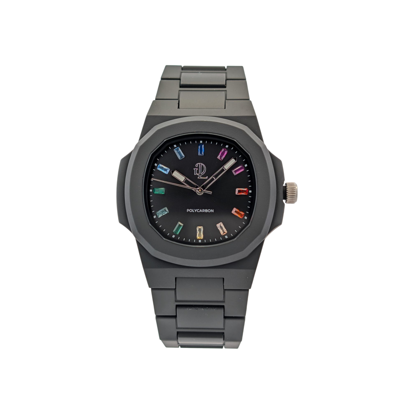 Orologio da Polso GDL  Rainbow, Quadrante Nero con Cristalli Arcobaleno Taglio Baguette, 40,5mm x 8,8mm, Quarzo, Impermeabile 5 ATM, 40g, Finitura Soft Touch, Cinturino Nero, Vetro LumiNova